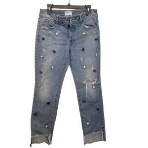 William Rast cropped, distressed jeans with flower buds sewn on, size 28 / 6.